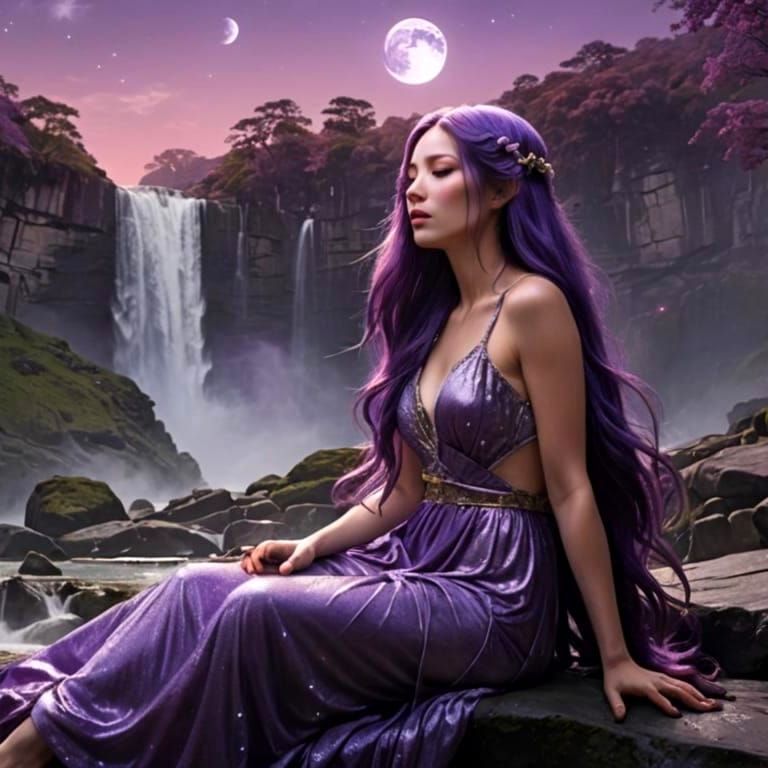 Ethereal Woman with Purple Hair by Waterfall