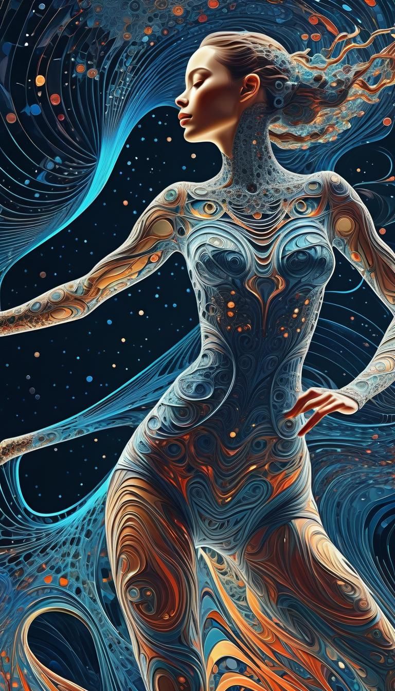 Woman Dancing in Neural Network, Impressionist Gouache