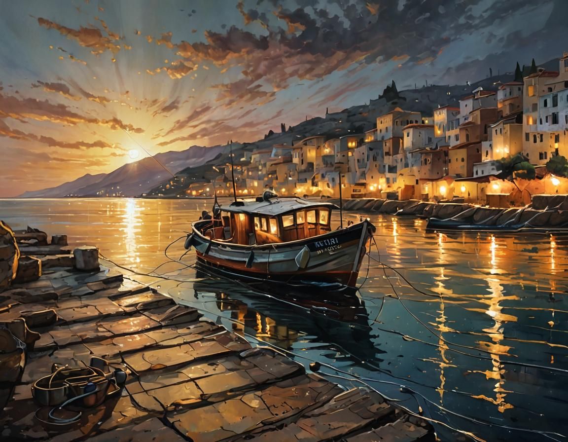 Mediterranean Fishing Boat at Sunrise as Acrylic Painting