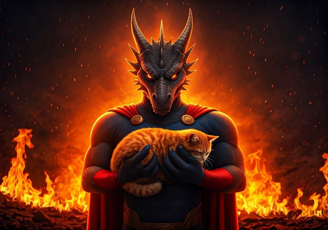 Invincible Superhero Dragon Saves Ginger Cat from Inferno