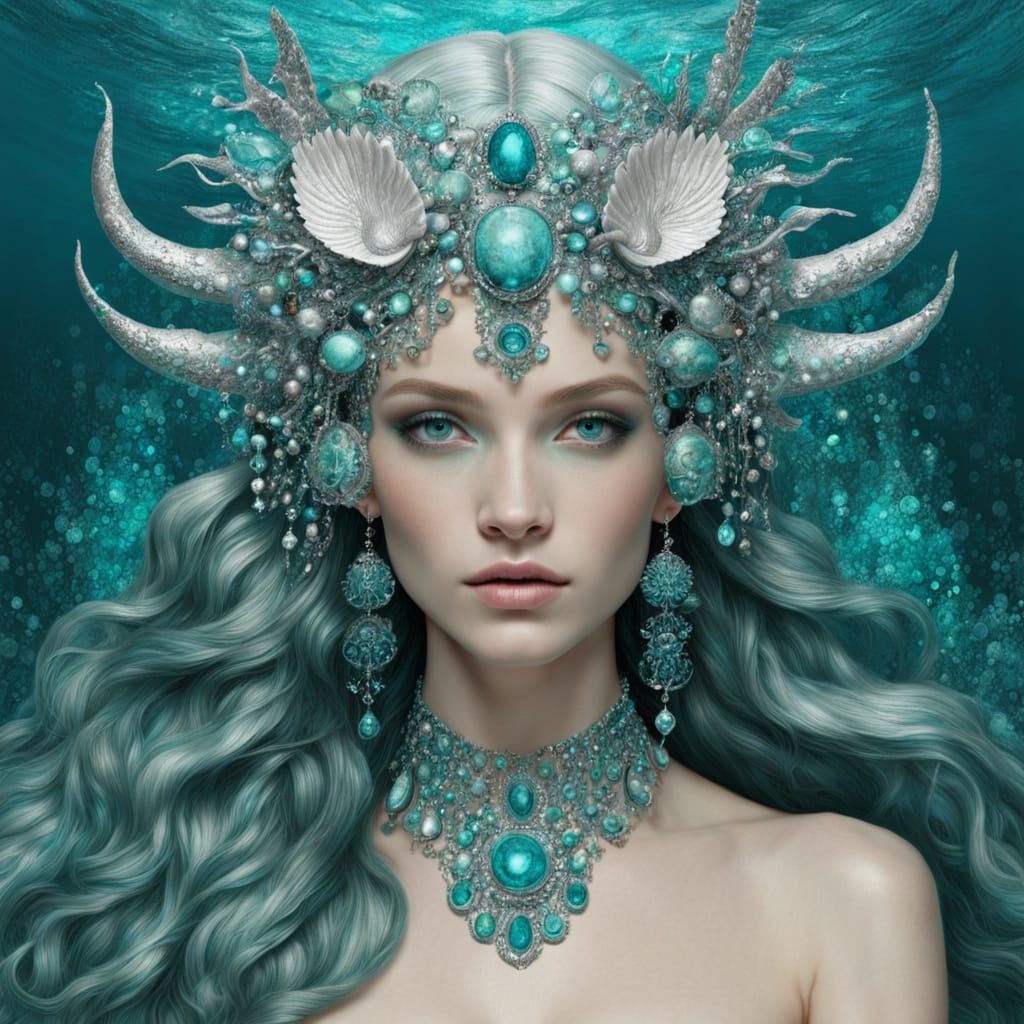 Ocean Goddess in Silver, Teal, and Aqua Hues, Klimt Style