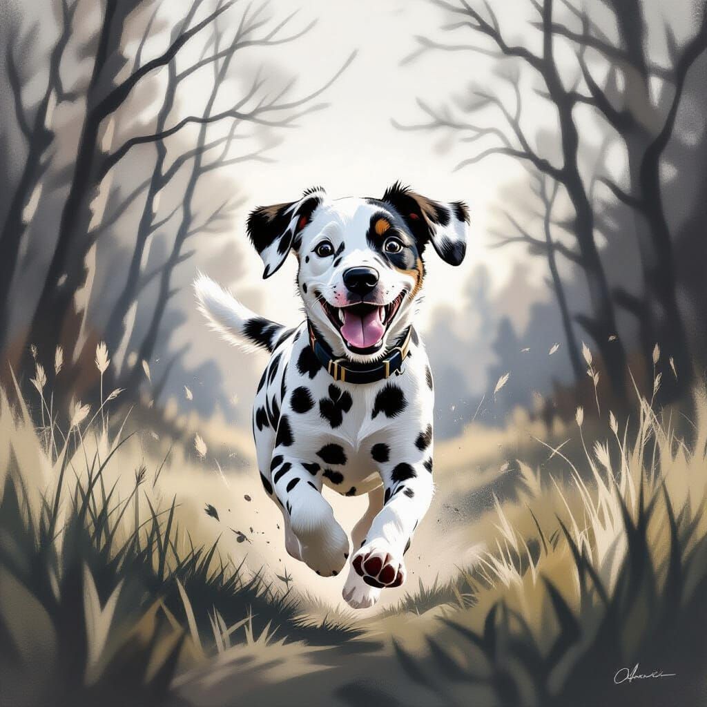 Playful Dalmatian Dog Running in Monochromatic Splash Art