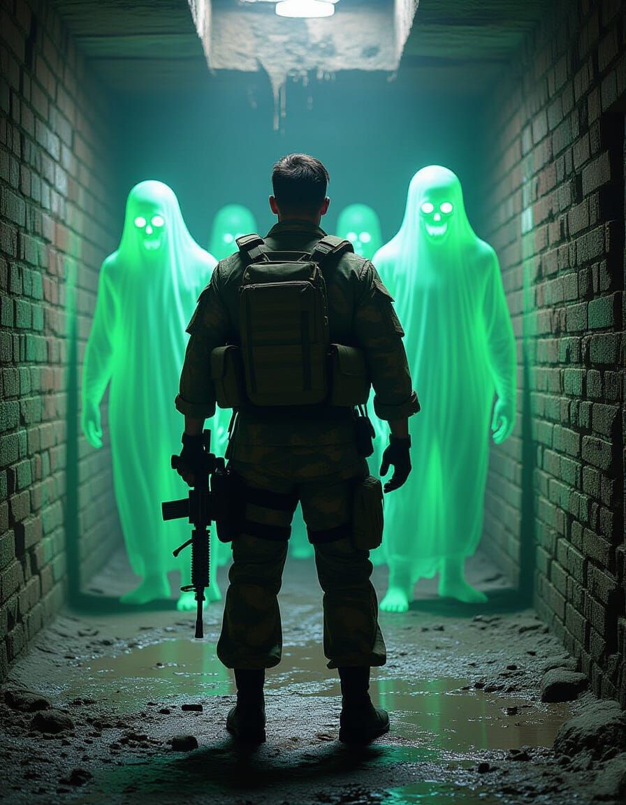 Soldier Haunted by Ghosts in Dark Prison Cell