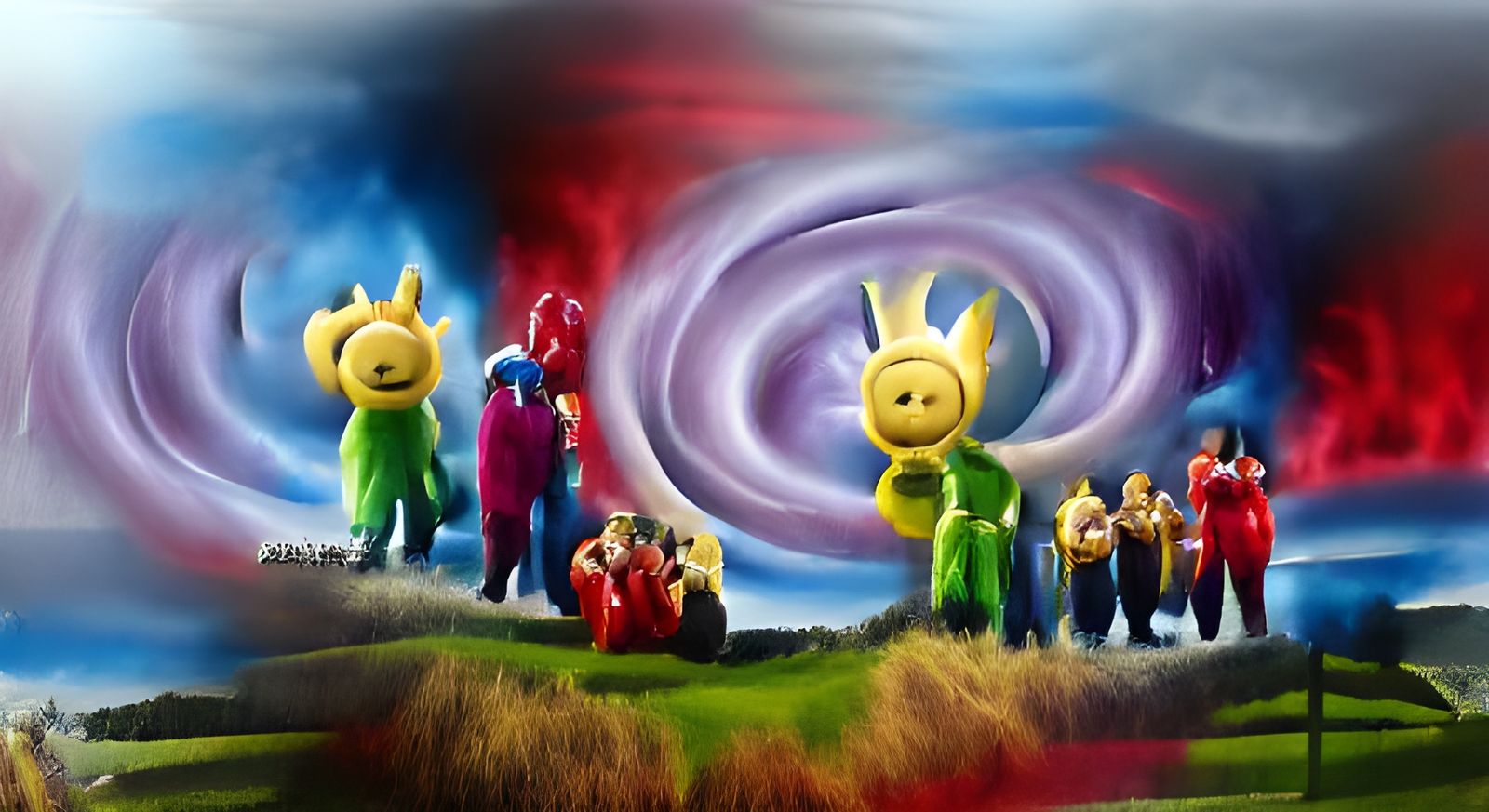 Teletubbies as Big Bang Theory in Retro Oil Painting