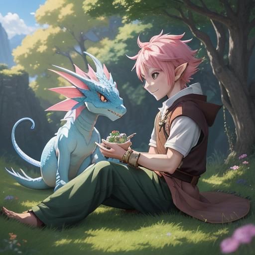 Elf Boy and Dragon in Anime Style