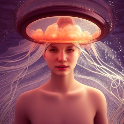 Underwater Portrait: Girl in Jellyfish Hat, Photorealistic 3...