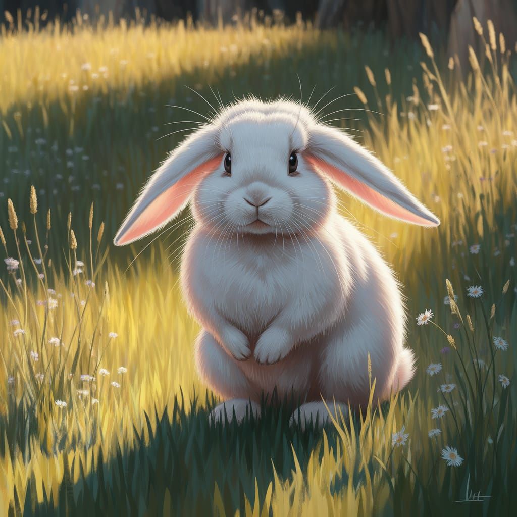 Fluffy White Rabbit in a Sunlit Meadow