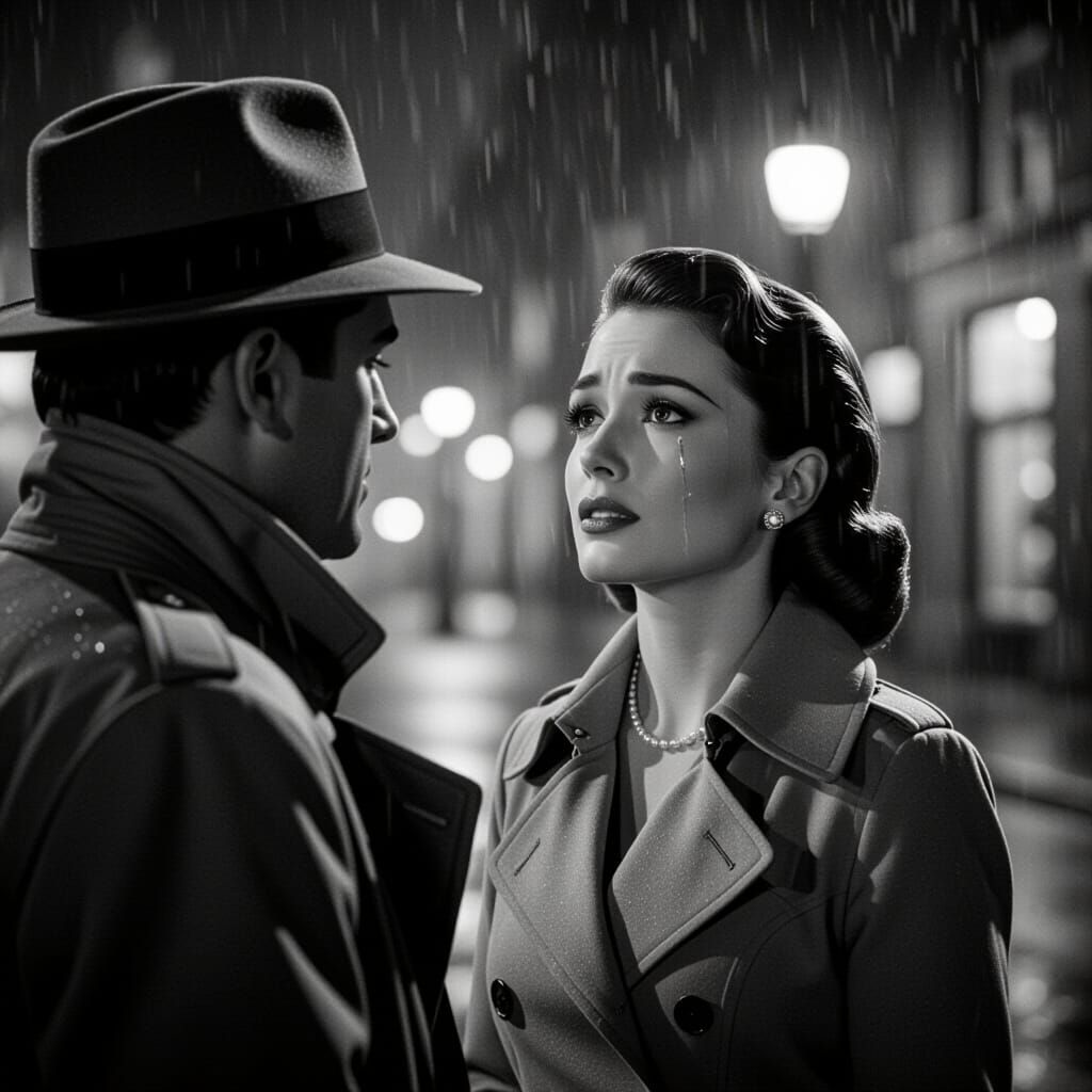 Film Noir Woman Bids Farewell on Rainy Night