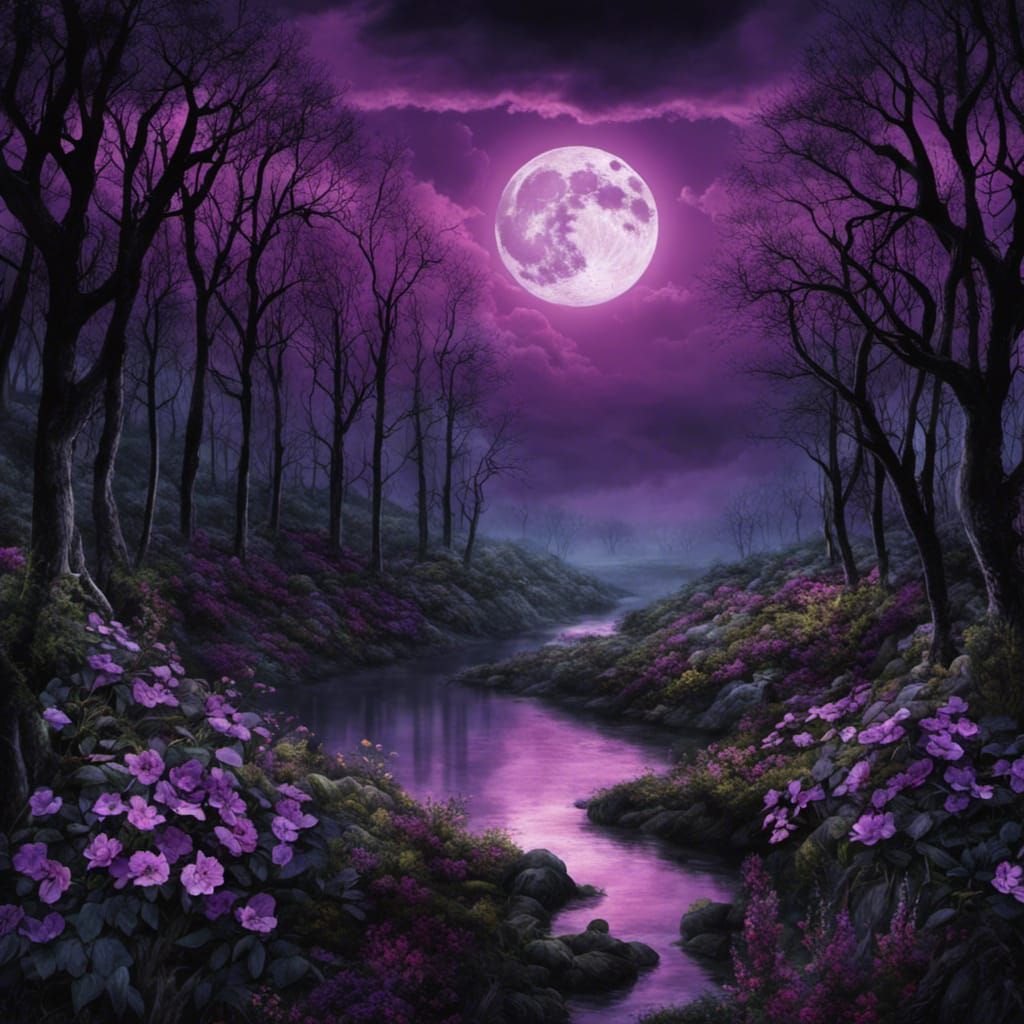 Gothic Forest with Purple Flowers in Tim Burton Style