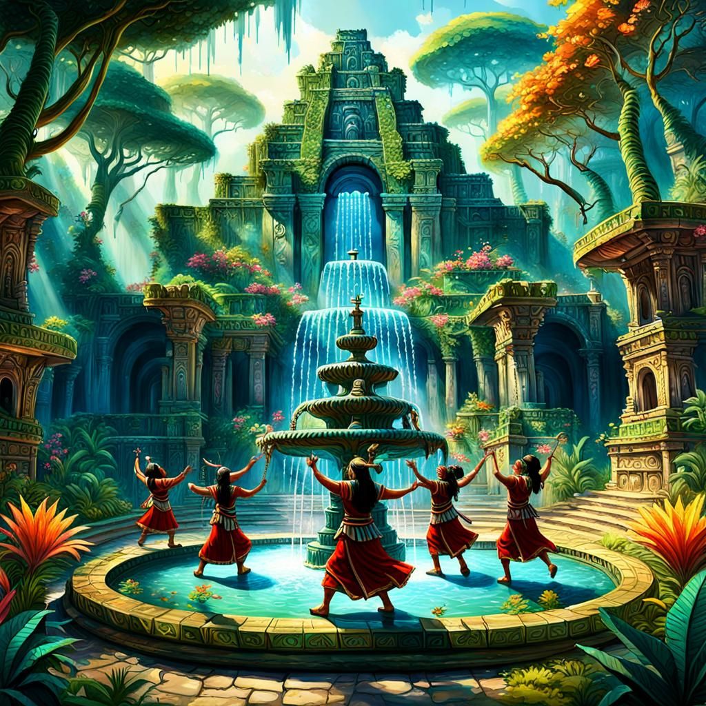 Indigenous Dancers in Fantasy Garden, Digital Art
