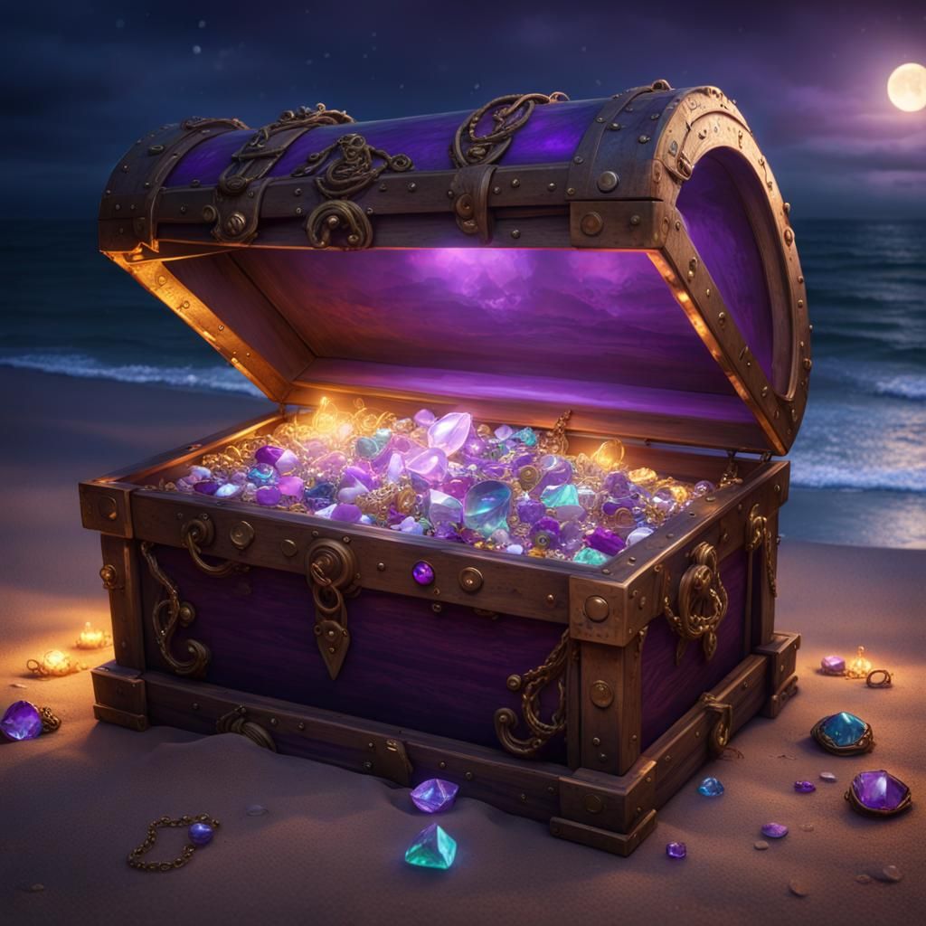 Jewel-Filled Treasure Chest on a Night Beach