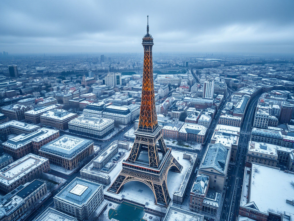Paris and Eiffel Tower in Winter Snow
