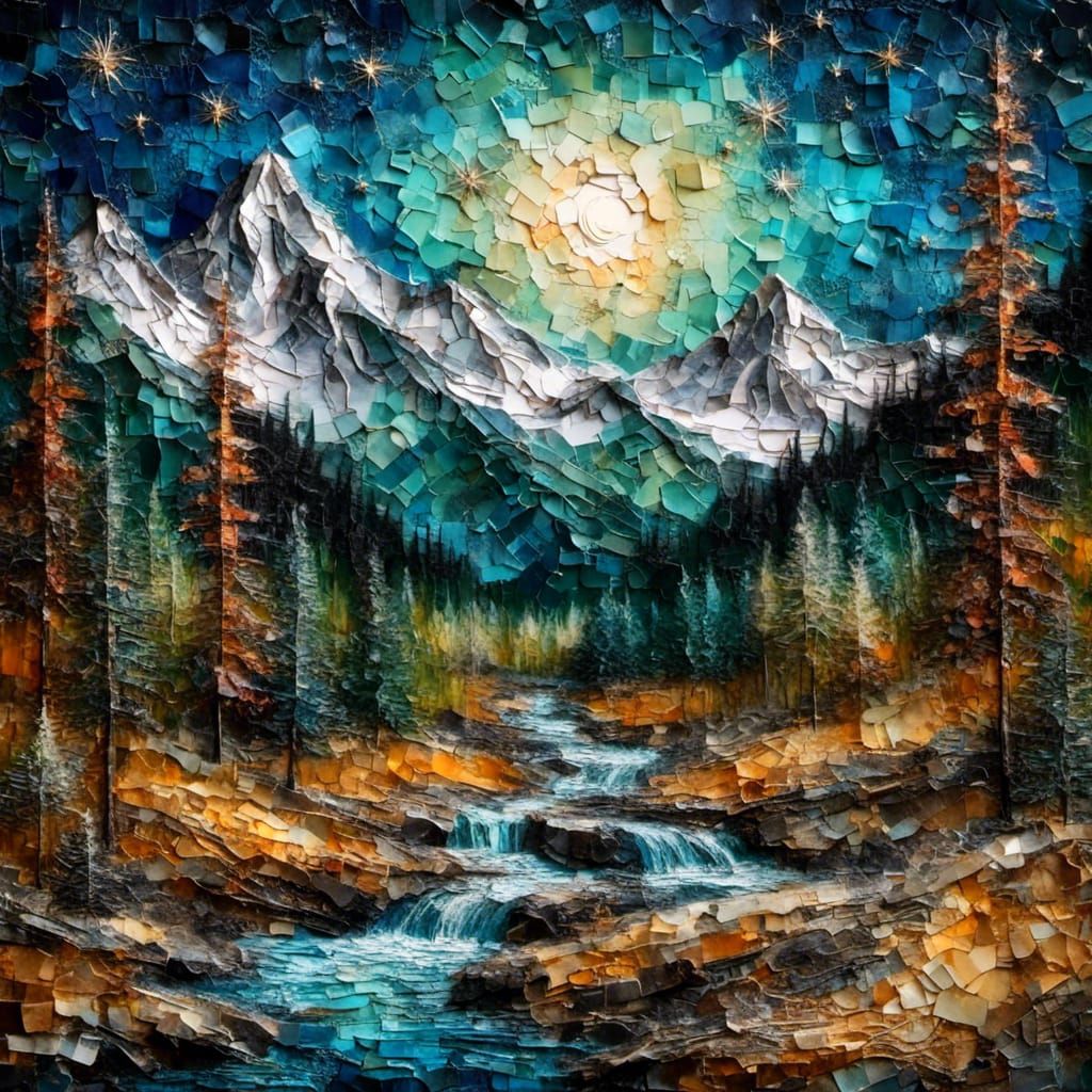 Pine Forest, Mountains, Waterfall, Meandering Stream, Starry...