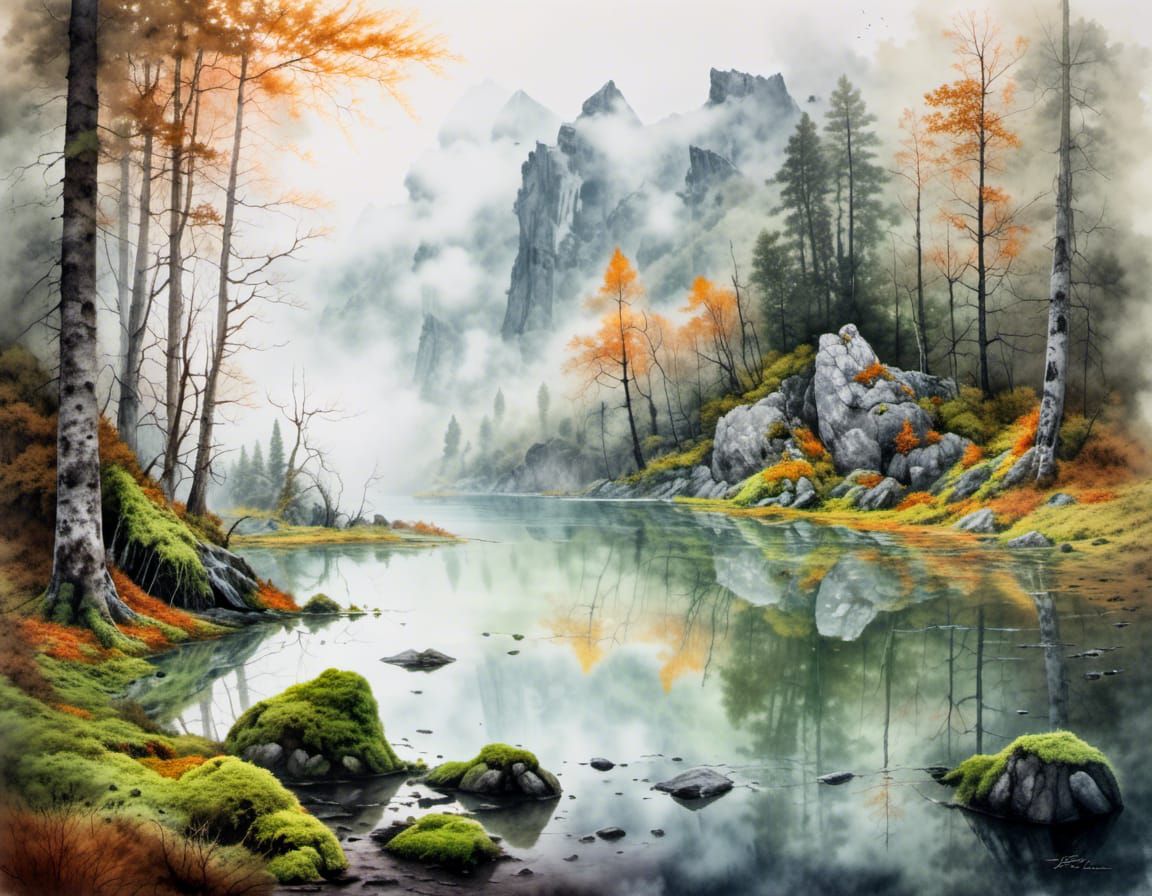 Misty Lake in Ancient Forest: Watercolor Painting