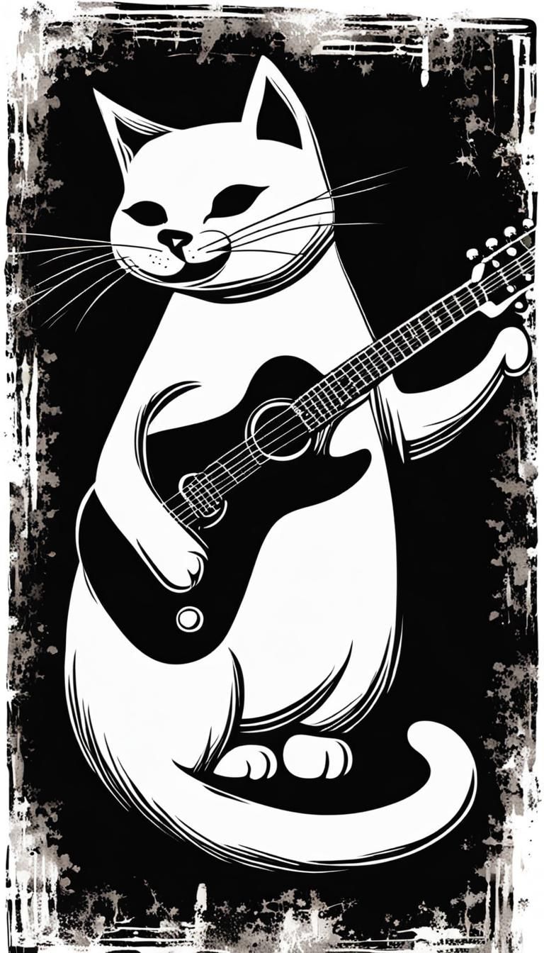 Cat Playing Guitar in Distressed Grunge Style