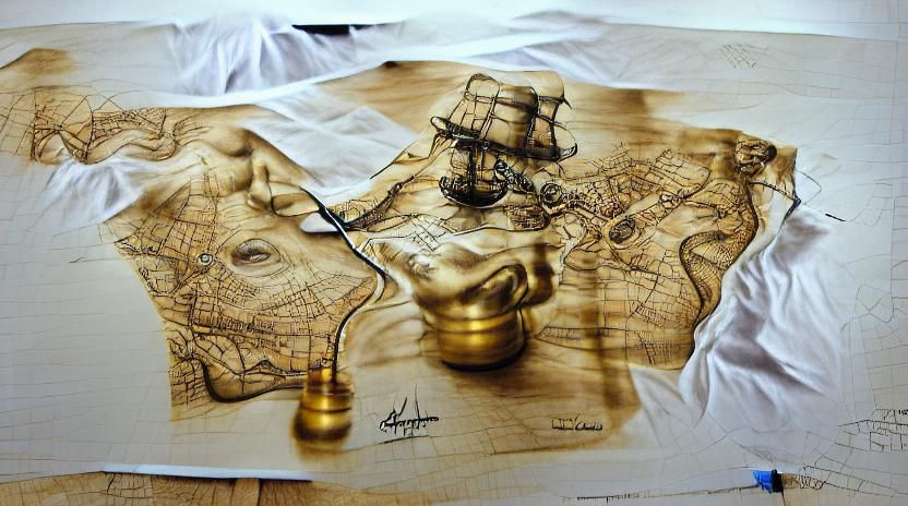 Detailed Ink Illustration on Aged Treasure Map