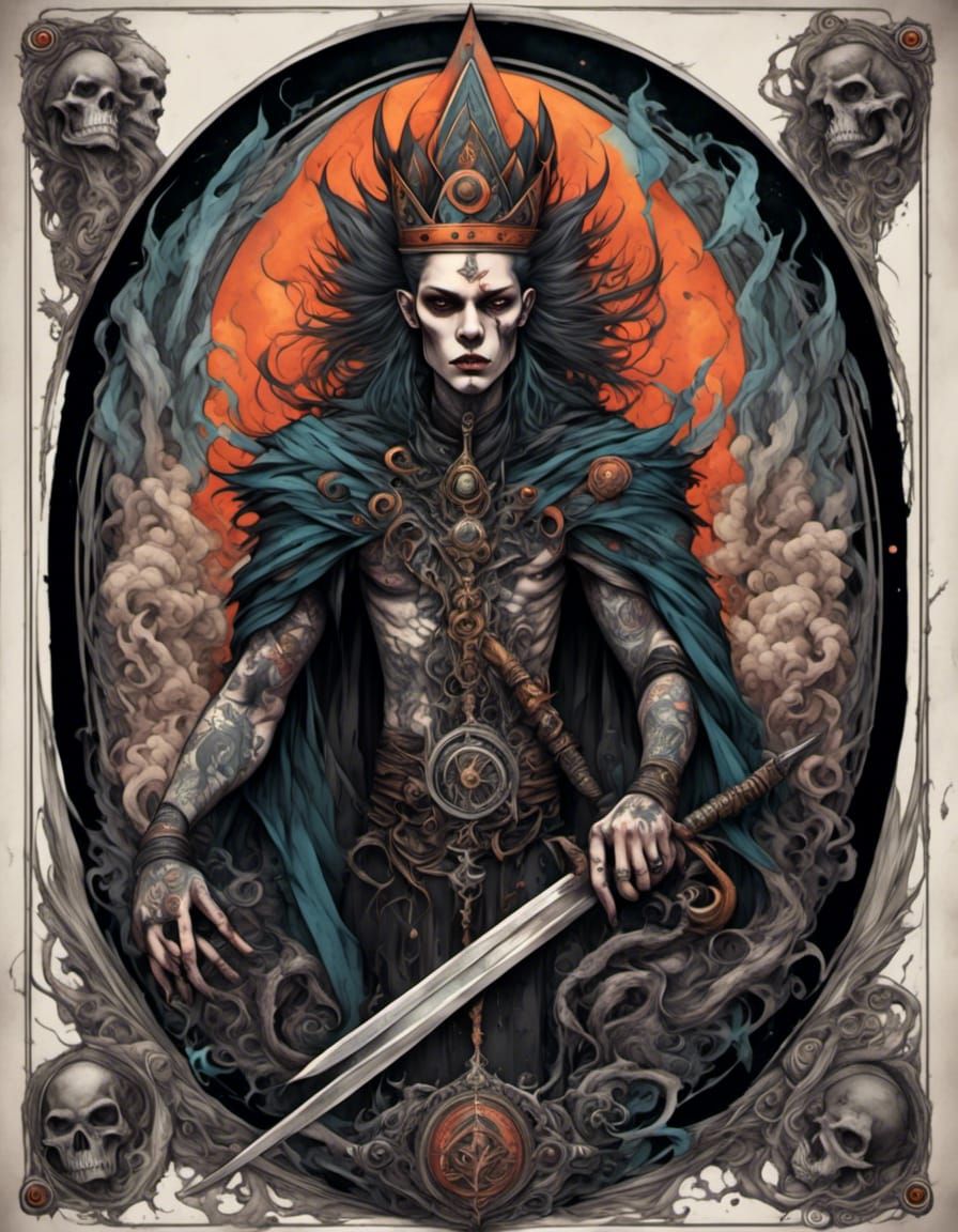 King of Swords Tarot in Witchpunk Tattoo Style