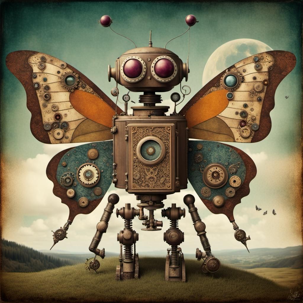 Steampunk Robot's Celestial Creation: A Whimsical Collage
