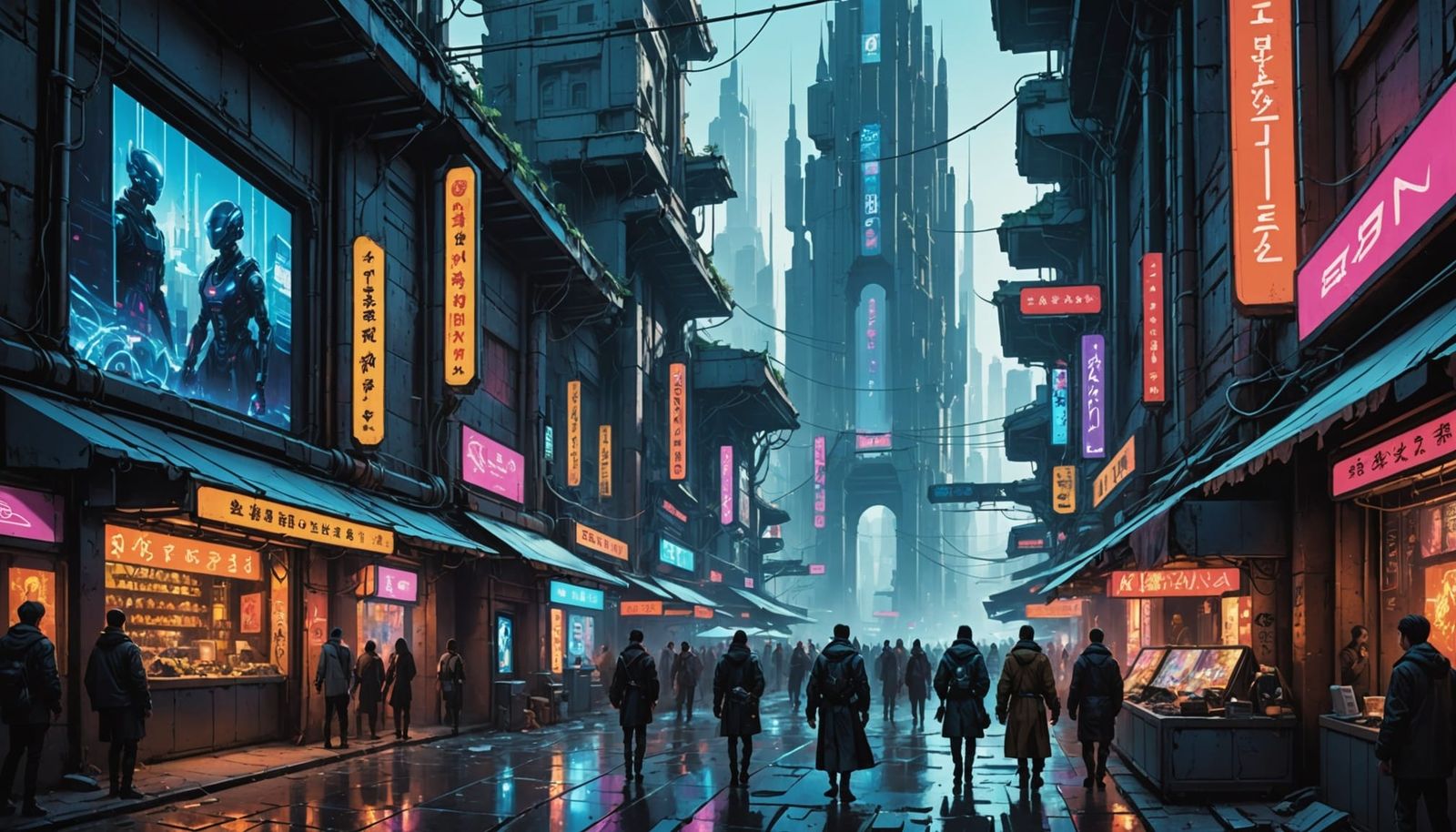 Cyberpunk Marketplace Amidst Ancient Temple Ruins