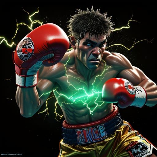 Glowing boxer wearing gloves crackling with electricity, fractal boxing ring, 8k resolution concept art hyperdetailed in...