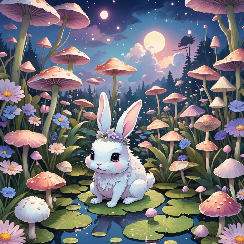 Kawaii Anime Bunny Frog Hybrid on Lily Pad