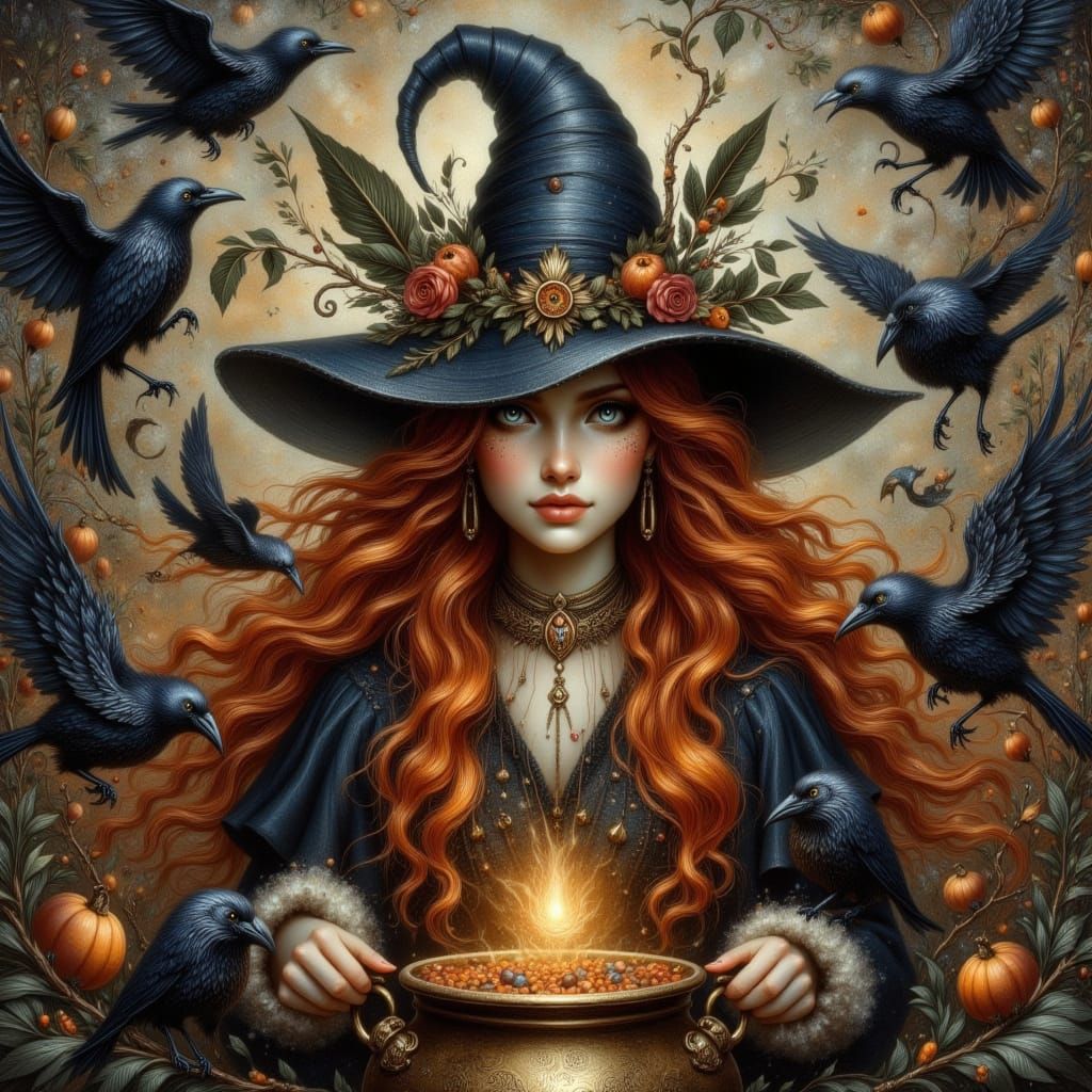 Pretty Witch with Red Hair Behind Cauldron, Oil Painting
