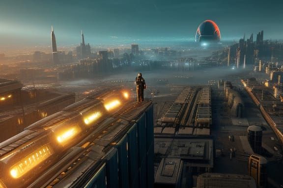 Futuristic Leader in Dystopian City: Propaganda Art