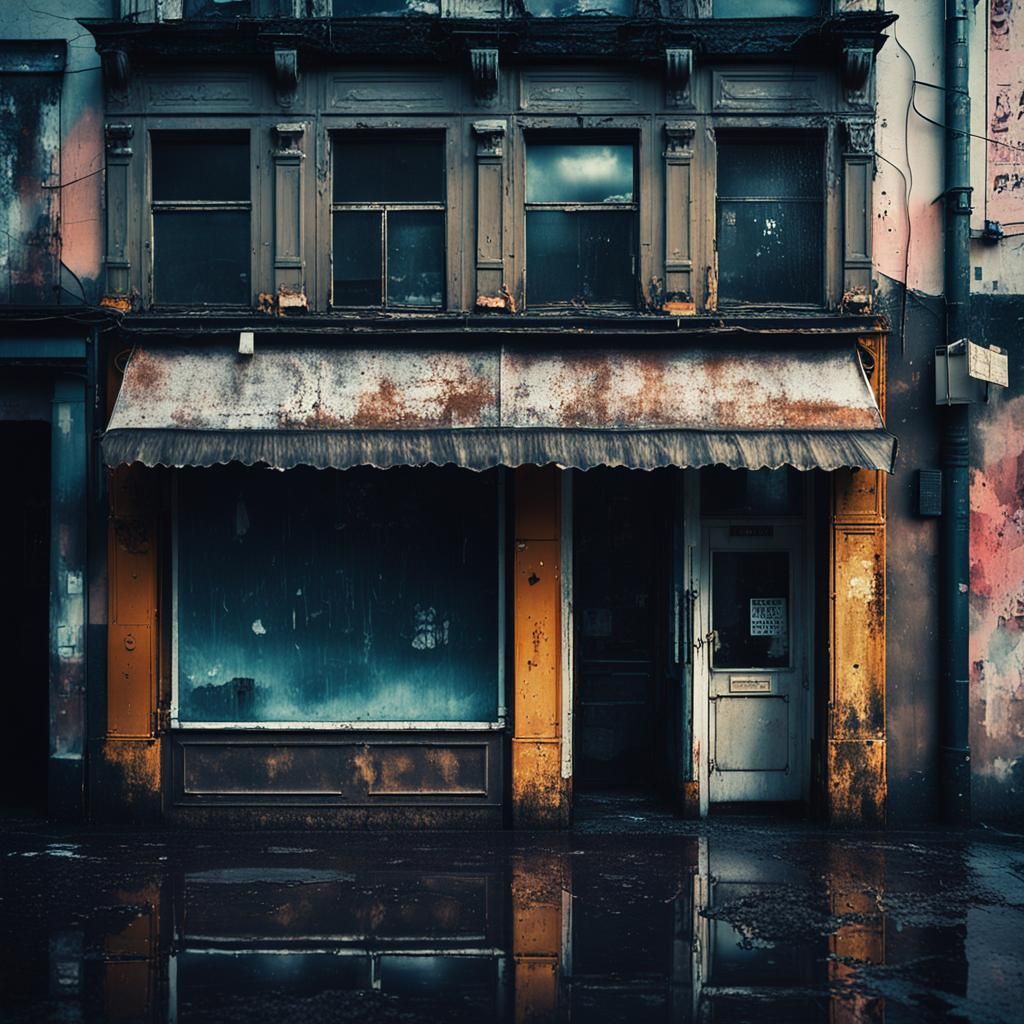 Urban Decay: Wet Street with Abandoned Shopfront