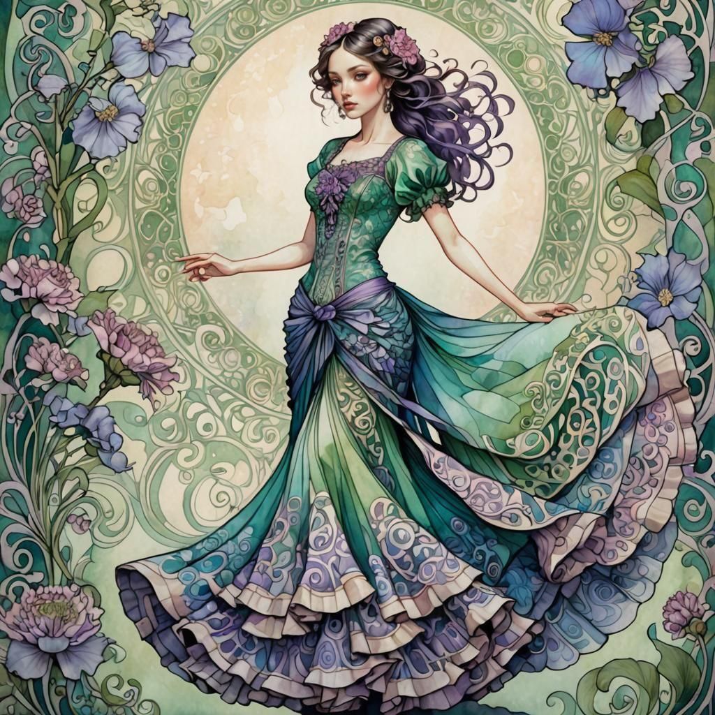 Graceful Flamenco Dancer in Art Nouveau Style