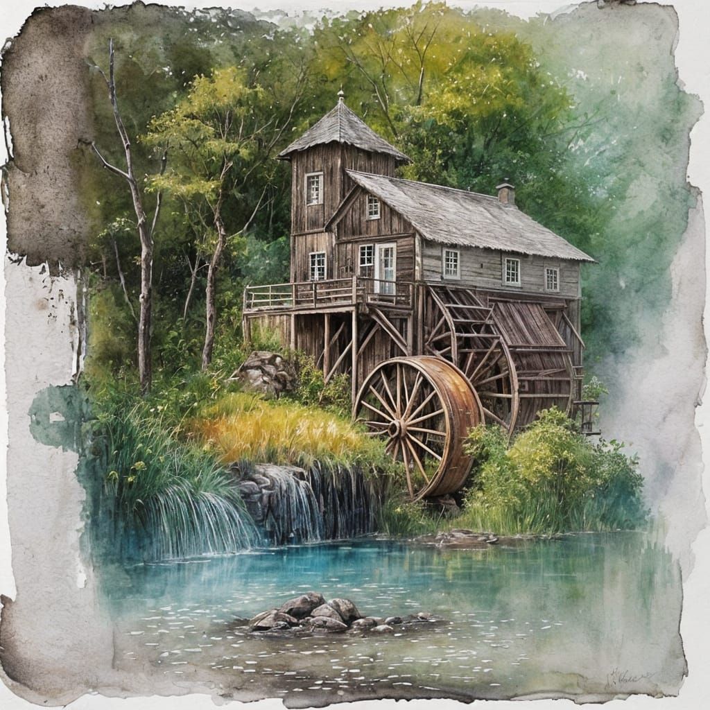 Enchanting Cottage with Waterwheel in Ink Painting Style