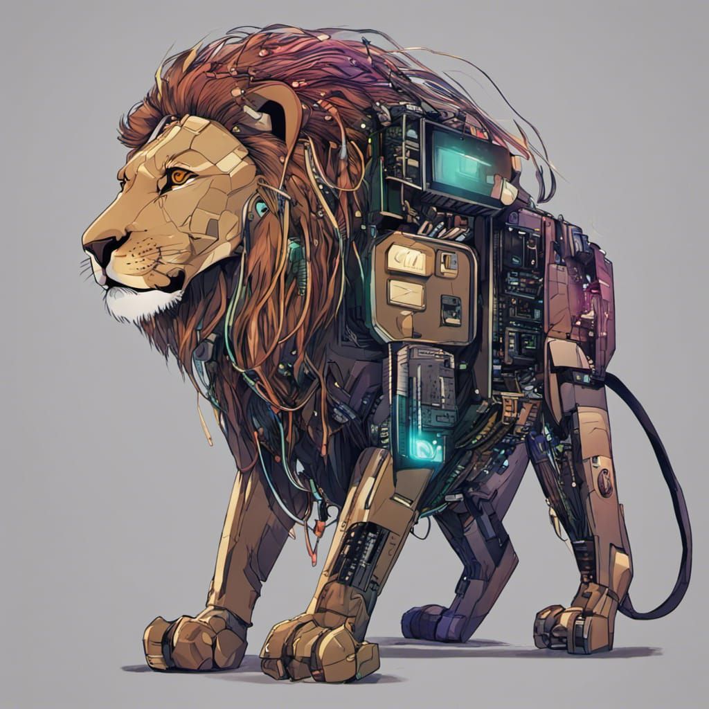 Cyberpunk Lion with Neon Lights and Metal