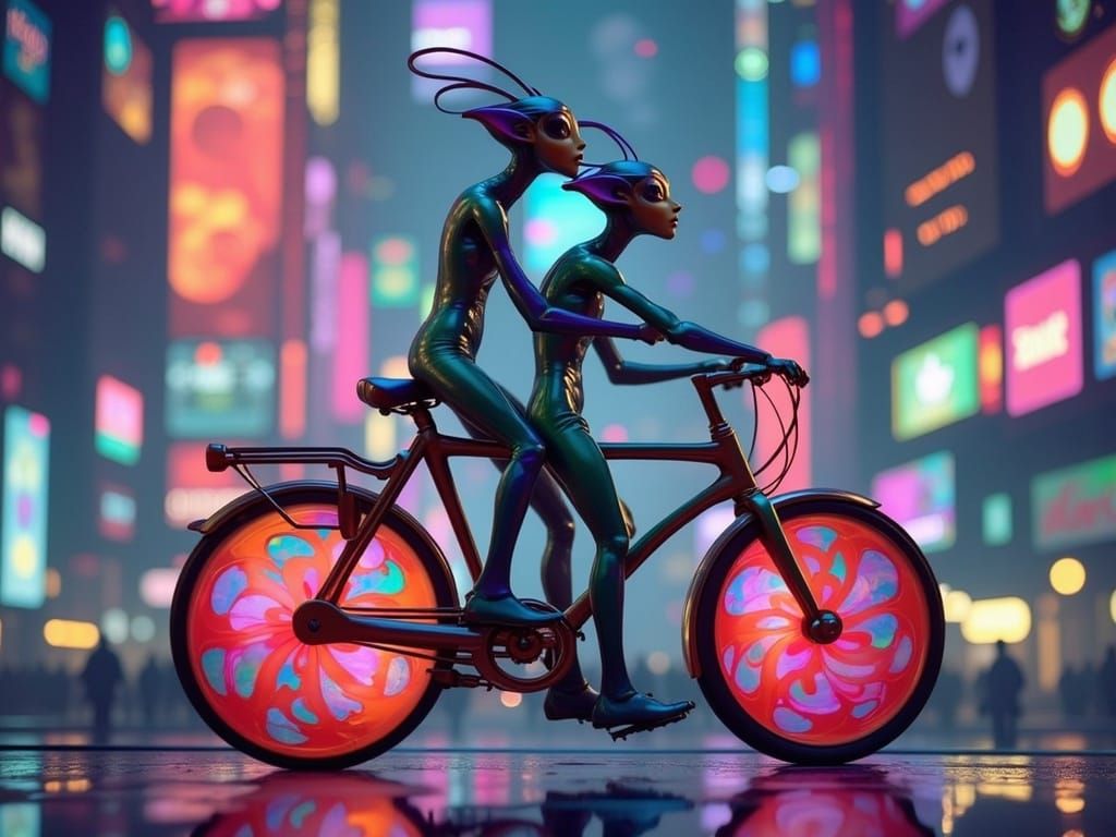 Art Nouveau Style Space Age Bicycle Rides Through Futuristic...