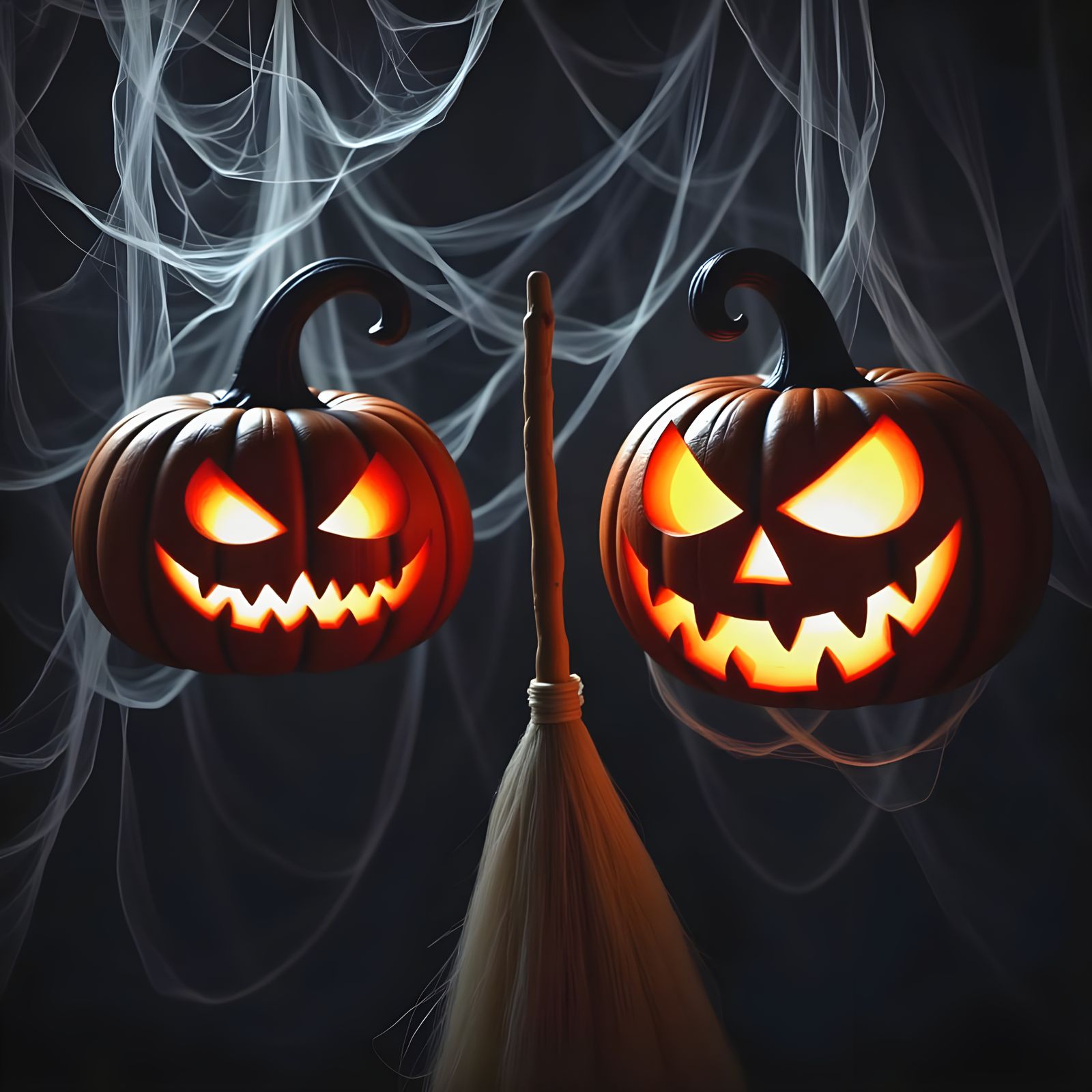 Eerie Glowing Jack-o'-Lanterns in Darkness