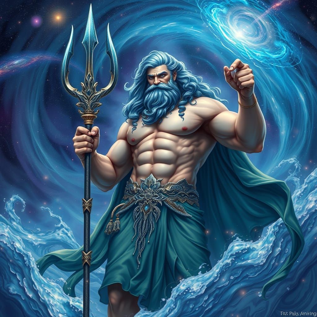 Majestic Poseidon Amidst Astral Vortex in Dreamlike, High-Re...