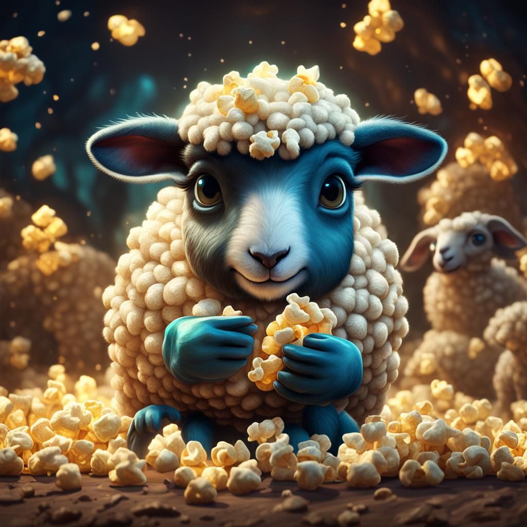 Cute Fluffy Sheep Eats Popcorn: Detailed Matte Painting