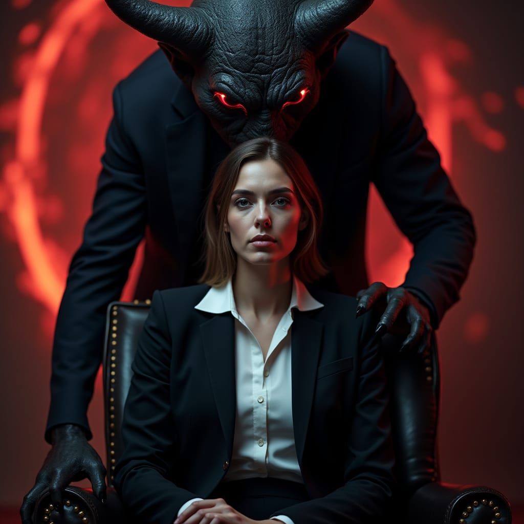 Elegant Woman Surrounded by Dark Ominous Presence in Hyper-R...