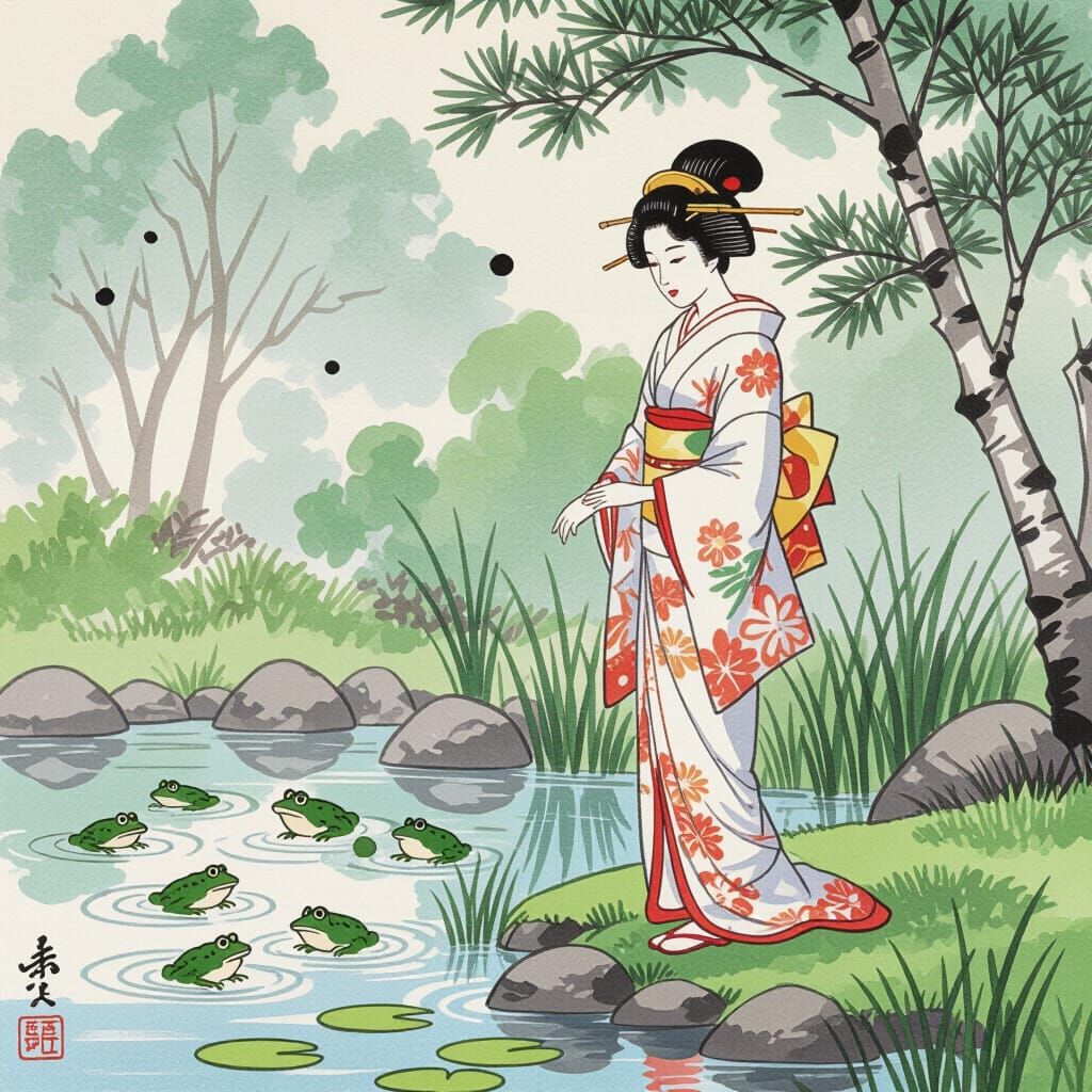 Serene Woman by Pond in Ukiyo-e Style
