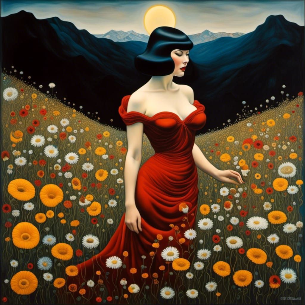 Bettie Page in Klimt-Style Surreal Landscape