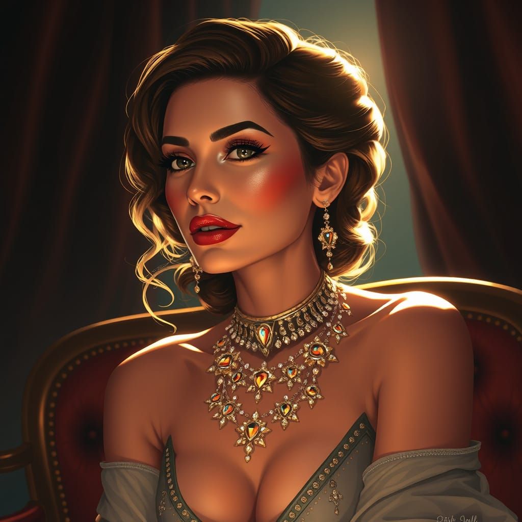 Elegant Woman in Opulent Jewels, Soft Light