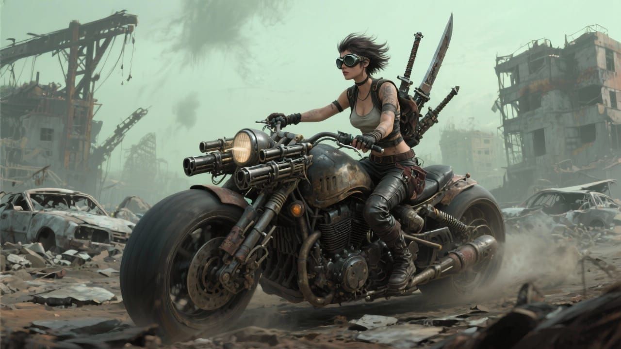 Woman Warrior on Motorcycle in Post-Apocalyptic Wasteland
