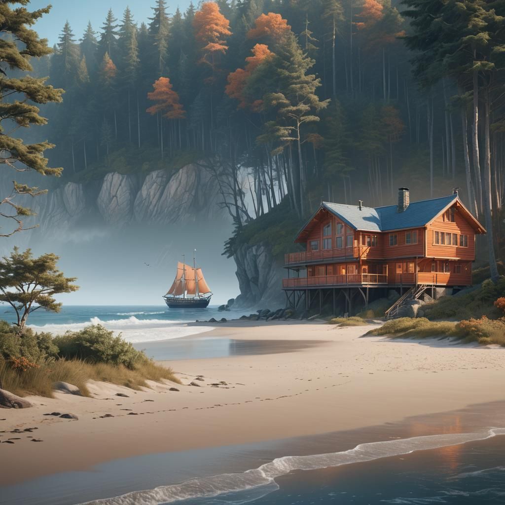 Modern Beach Cabin at Sunset: Digital Matte Painting