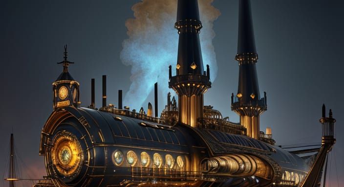 Steampunk Starship with Intricate Details and Vibrant Textur...