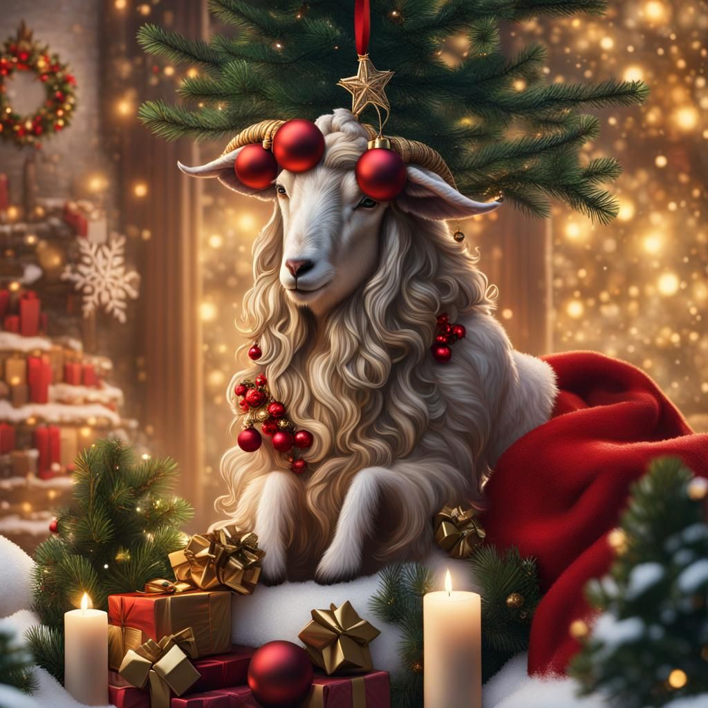 Detailed Goat Topping Christmas Tree in Firelit Room