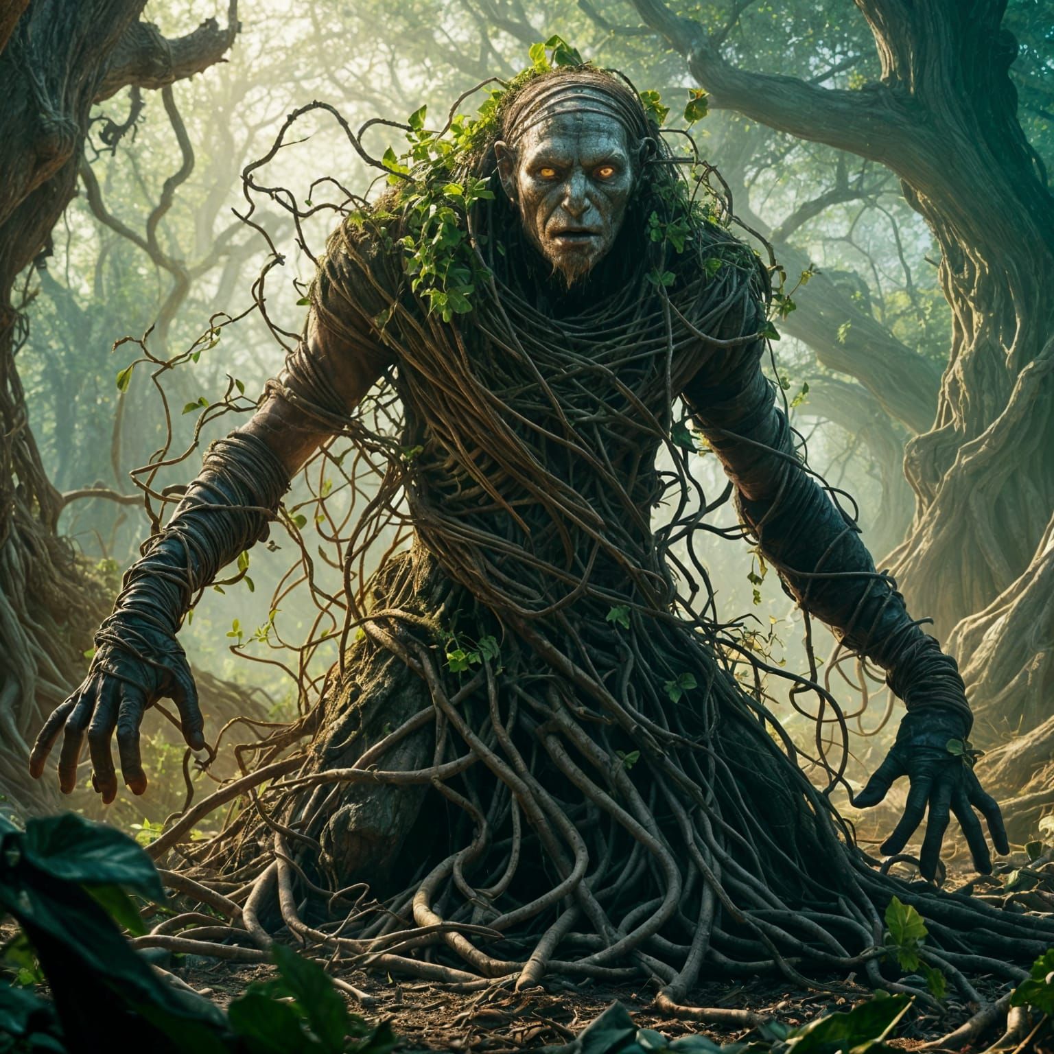 Druid Summons Entangling Roots in Forest Clearing