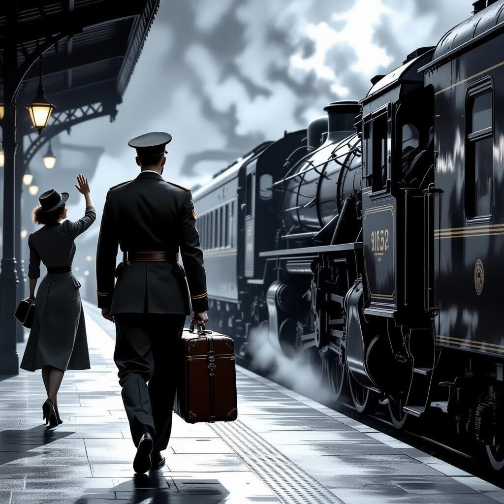 Vintage Train Departure in Hyper-Realistic Comic Style
