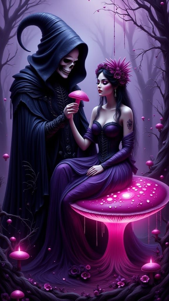 Gothic Punk Woman with Grim Reaper on Glowing Mushroom
