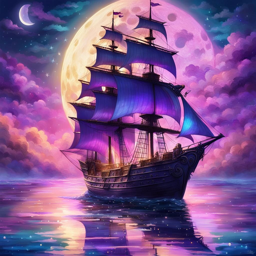 Magical Ship Sailing Dreamy Sea: High Fantasy Art