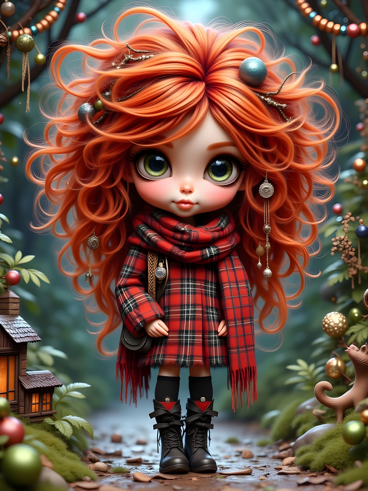 Chibi Girl in Tartan Coat: Digital Art Style