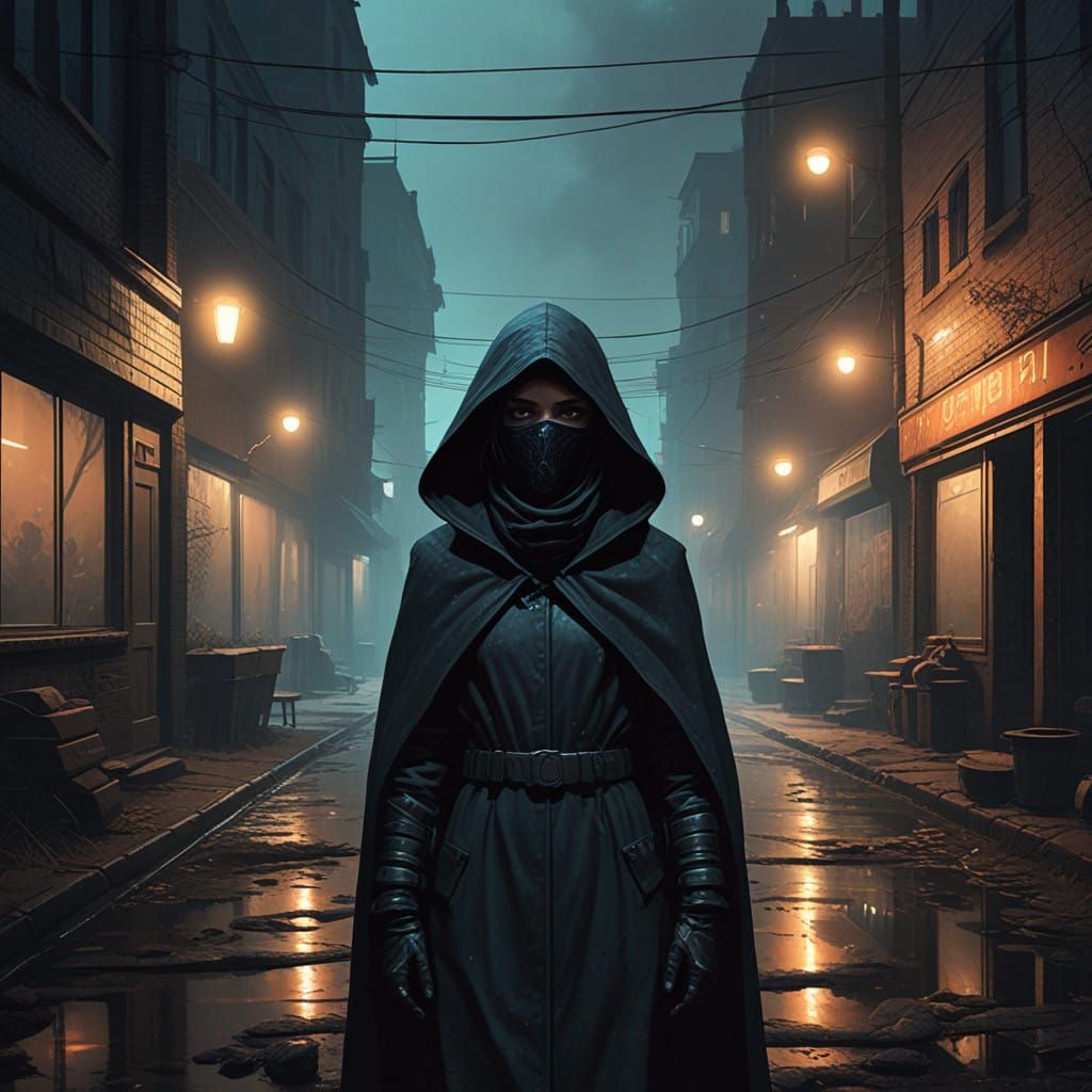 Moonlit Assassin in Shadowy Alleyway