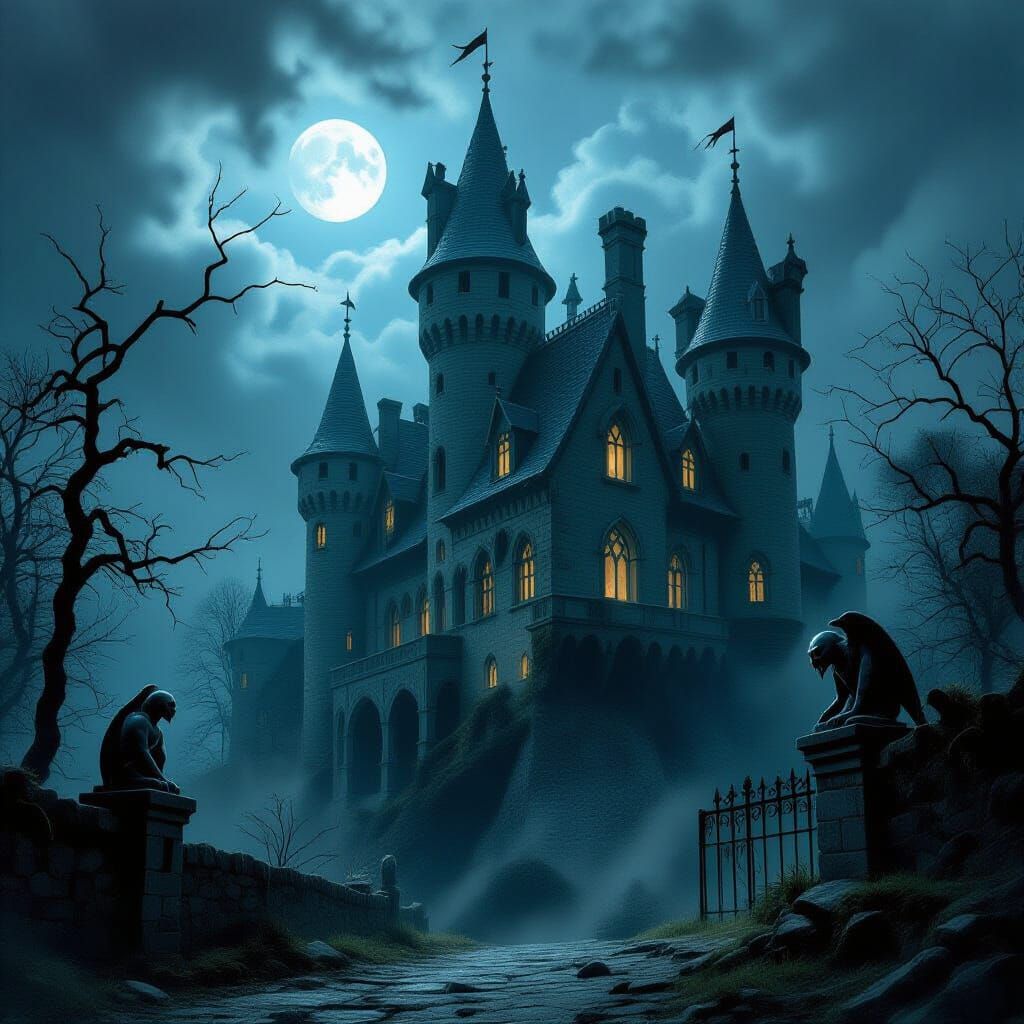 Haunted Castle in Dark Woods with Gargoyles